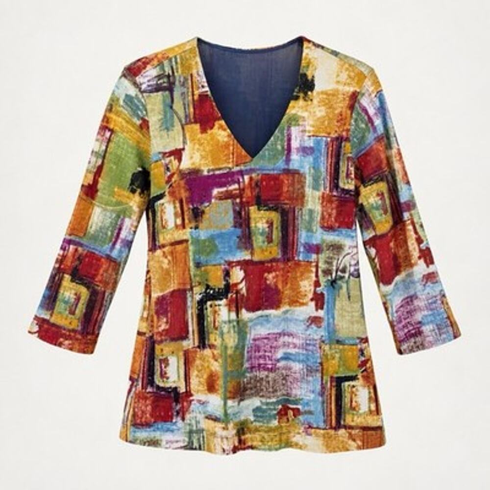 Chicos Colorful Mesh V Neck Top size Large Sheer 3/4 Sleeve Pullover Vintage